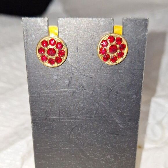Monet Vintage Stud Post Pierced Earrings Red Rhinestone Minimalist Elegant - Picture 1 of 7